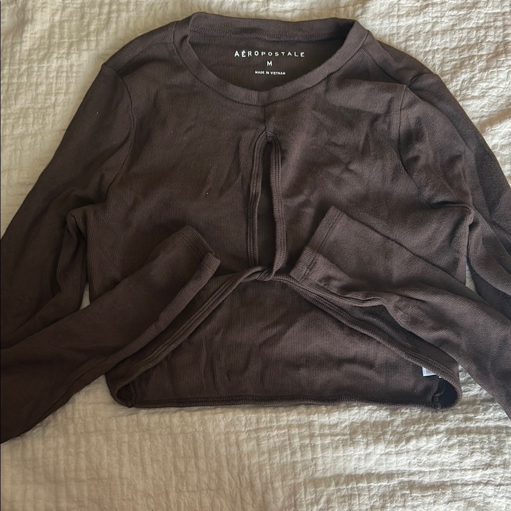 Aeropostale Brown Long Sleeve Key Hole crop top